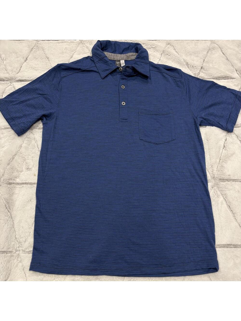 Ibex Merino Wool Mens Blue Striped Polo Shirt Casual Short Sleeve Cotton Size S